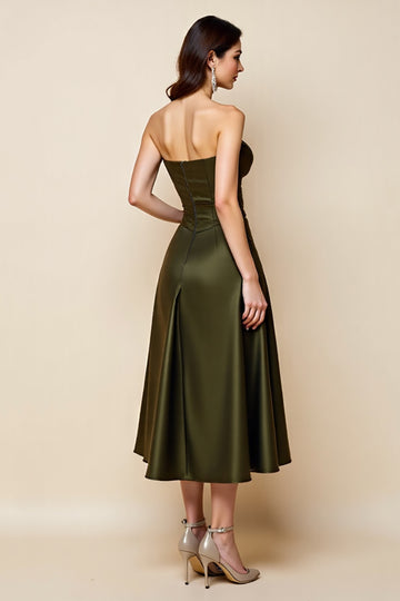 Strapless Satin Olive A Line Wedding Guest Dress